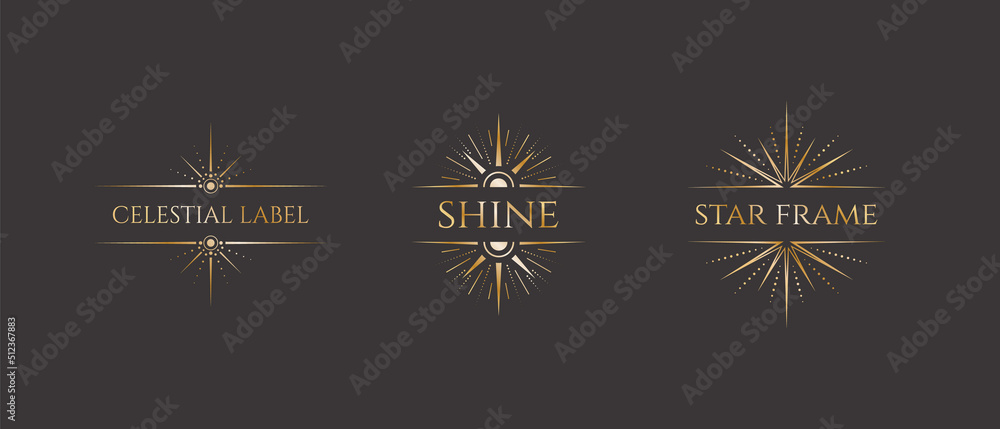 Wall mural set of vector celestial golden frames with a stars elements and a copy space. ornate shiny magical i