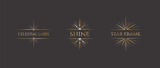 Set of vector celestial golden frames with a stars elements and a copy space. Ornate shiny magical isolated labels with beams and place for text