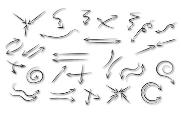 Hand drawn arrow icon set isolated on white background. Doodle Vector illustration.