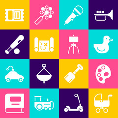 Set Baby stroller, Palette, Rubber duck, Microphone, Pirate treasure map, Baseball bat with ball, Circus ticket and Wood easel icon. Vector