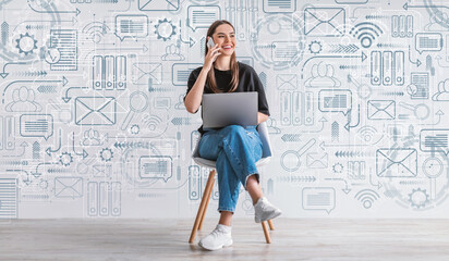 Fototapeta premium Remote Work. Woman Using Laptop And Talking On Cellphone Over Media Icons