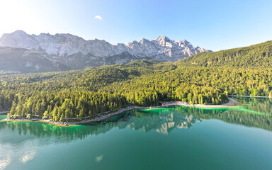 aerial view of the Eibsee and the Zugspitze in Germany
