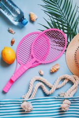 Flat lay composition summer travel photography. Two pink tennis rackets, striped bag, water bottle and lemon on blue background