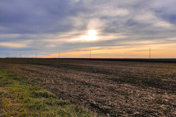 Harvested agricultural field in evening in cloudy weather in winter