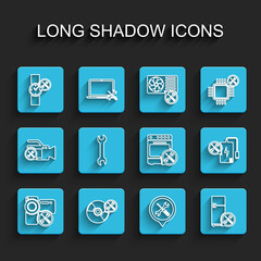 Set line Video camera service, CD or DVD disk, Wrist watch, Location, Refrigerator, Wrench, Power bank and Oven icon. Vector