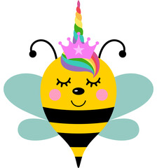 Cute bee with unicorn horn and pink crown