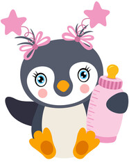 Cute baby girl penguin holding a baby bottle of milk