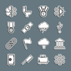 Set line Snowflake, Bank building, USB, Medal, Wrist watch, with star, Air conditioner and Storm icon. Vector