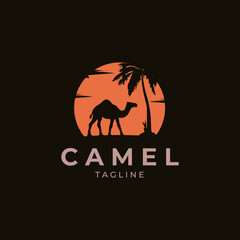 A black silhouette of a camel and beautiful sun a logo design vector illustration