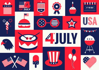 4th of July banner design. Independence day of America USA. icon set. Vector, Illustration 