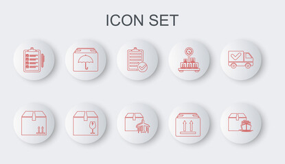 Set line Cargo ship with boxes, Cardboard traffic, Verification of delivery list, Delivery package umbrella, fragile content and Plane and cardboard icon. Vector