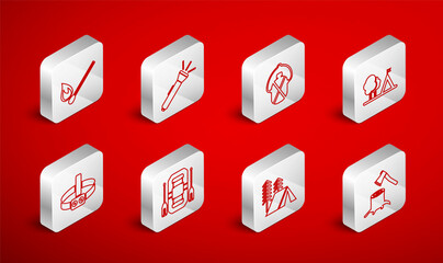 Set line Wooden axe in stump, Flashlight, Canteen water bottle, Tourist tent with flag, Burning match fire, Rafting boat and Head flashlight icon. Vector