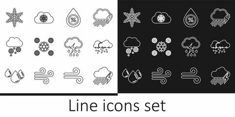 Set line Cloud with rain and lightning, snow, Water drop percentage, Snow, Snowflake, and icon. Vector