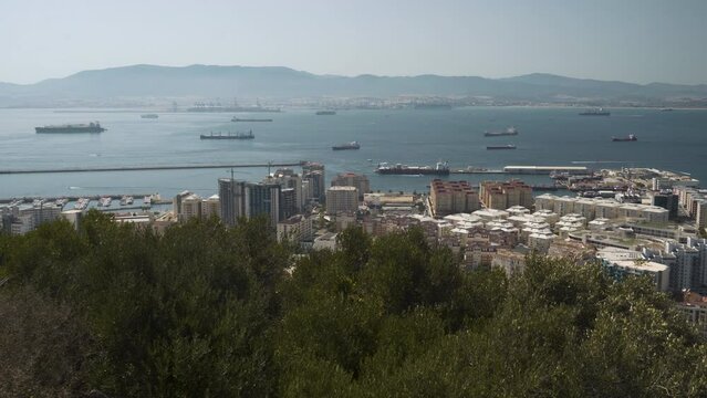 Bay of Gibraltar harbor with cargo ships and residential city area.