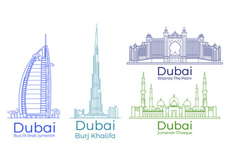 Vector illustration Set of landmarks and monuments Dubai.