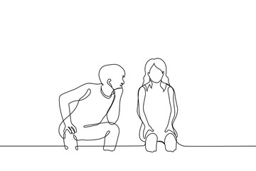 man sits next to girl and looks at her point-blank talking to her and smiling girl does not look at him and shy - one line drawing vector. concept of man flirting with woman, street harassment