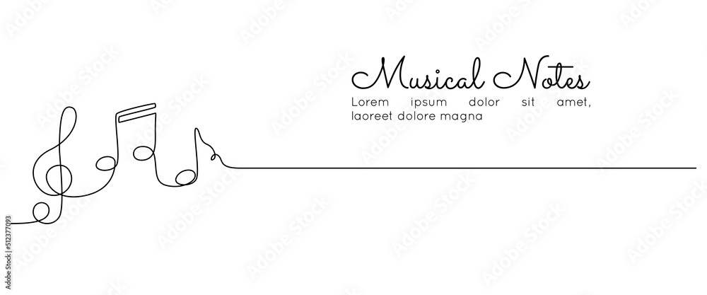 Poster One continuous line drawing of musical notes. Minimalist web banner and logo of music school or choir concert in simple linear style. Editable stroke. Doodle vector illustration