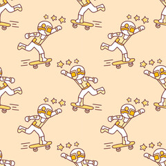 Funny little astronaut riding skateboard on soft color background seamless pattern. Modern vintage, pop art style seamless pattern concept.