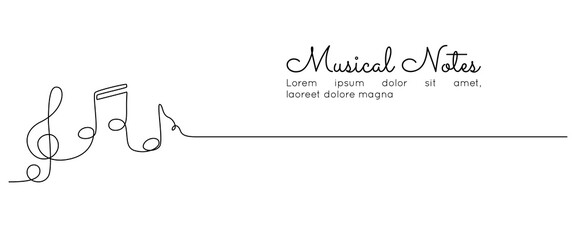 One continuous line drawing of musical notes. Minimalist web banner and logo of music school or choir concert in simple linear style. Editable stroke. Doodle vector illustration - obrazy, fototapety, plakaty
