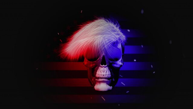 Animation of a skull with sun glasses with wispy blonde hair blowing in the wind with red and blue lighting and a USA flag in the background. Comes with the Alpha of the Skull and hair