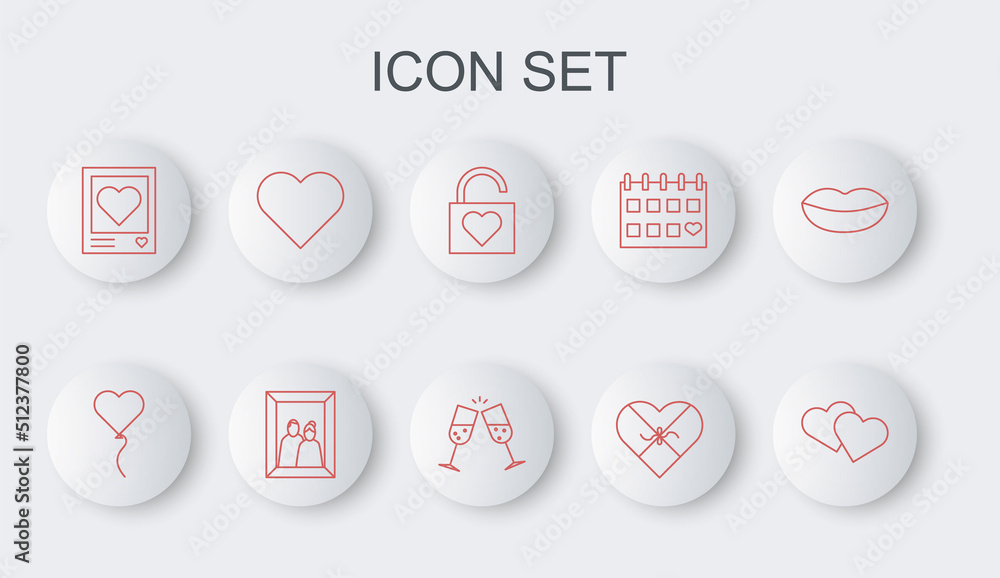 Sticker set line heart, balloon in form of heart, lock and, candy shaped box, photo frames hearts, picture a