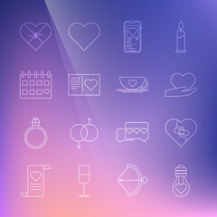 Set line Heart shape in light bulb, Healed broken heart, hand, Mobile with, Valentines day flyer, Calendar, Candy shaped box and Coffee cup icon. Vector