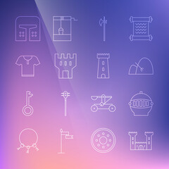 Set line Castle, Medieval iron helmet, Bale of hay and rake, halberd, tower, Body armor, and icon. Vector