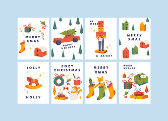 Vector set of Christmas greetings cards or party invitation posters. Xmas decorations backgrounds,