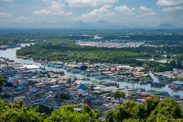 Fototapeta premium Fisherman Village. Pak Nam Chumphon. View from Khao (Hill) Matsee Viewpoint in Chumphon province, Thailand at viewpoint time