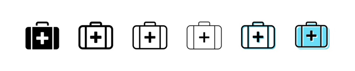 Set with first aid kit icon in linear style on white background. Simple First-aid kit icon, medical symbol. Editable stroke. Health care. Cross symbol. - obrazy, fototapety, plakaty