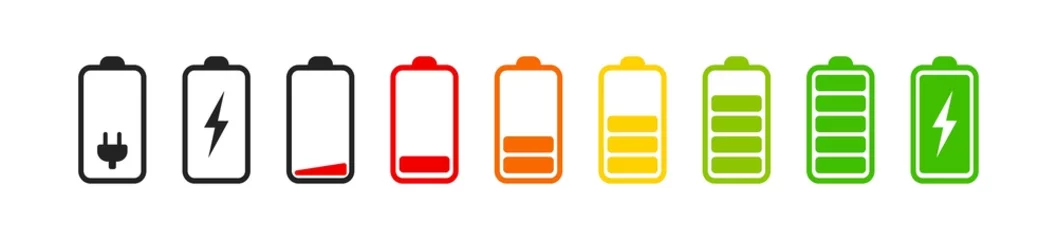 Fotobehang Set of vertical battery level indicators in percentage vector. Battery indicator symbols. 0-100 percent. © Sasha