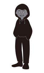 悪巧みの表情で立つ黒ずくめの怪しい人