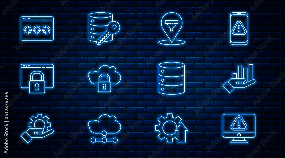 Poster set line monitor with exclamation mark, location sales funnel, cloud computing lock, secure your sit