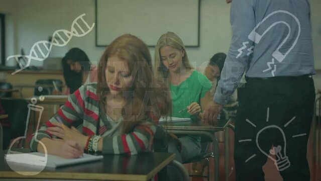 Animation of school icons over caucasian male teacher with diverse students during exam