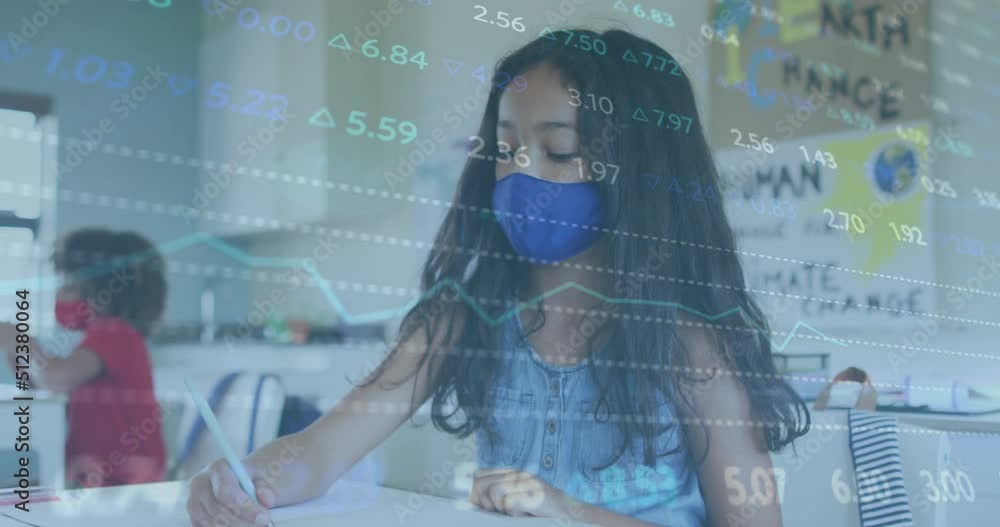 Poster animation of data processing over diverse schoolchildren with face masks