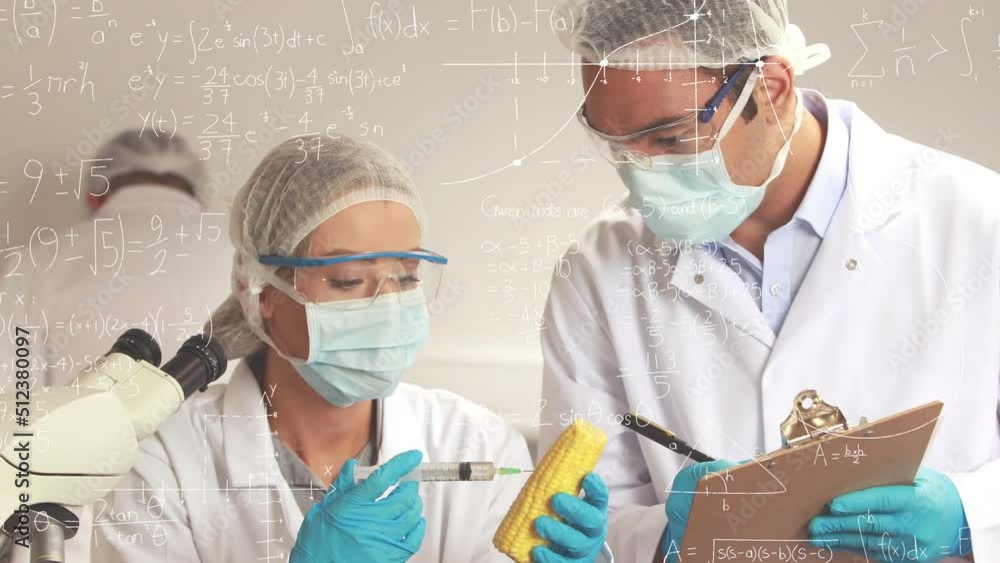 Poster animation of mathematical equations over caucasian scientists taking notes