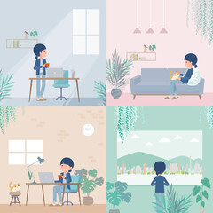 部屋でくつろぐナチュラルスタイル女性のセット