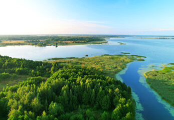 Lake in wild nature, aerial view. Lake on sunset in summer. Aerial panoramic landscape view of lake...