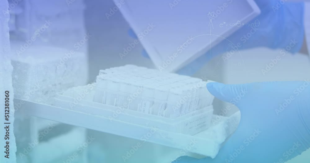 Aufkleber animation of mathematical equations over scientist in lab