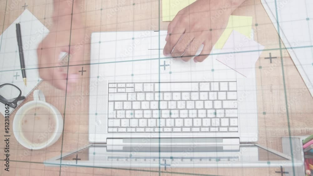 Poster animation of data processing over caucasian businessman using laptop