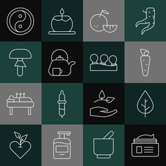 Set line Ointment cream tube, Leaf, Carrot, Citrus fruit, Teapot with cup, Mushroom, Yin Yang and Vacuum cans icon. Vector