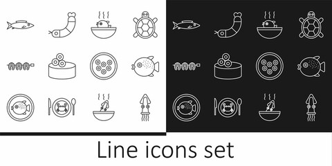 Set line Octopus, Puffer fish, soup, Tin can with caviar, Grilled steak, Fish, Caviar on plate and Shrimp icon. Vector