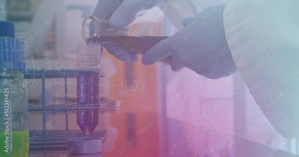Poster animation of mathematical equations over scientist in lab