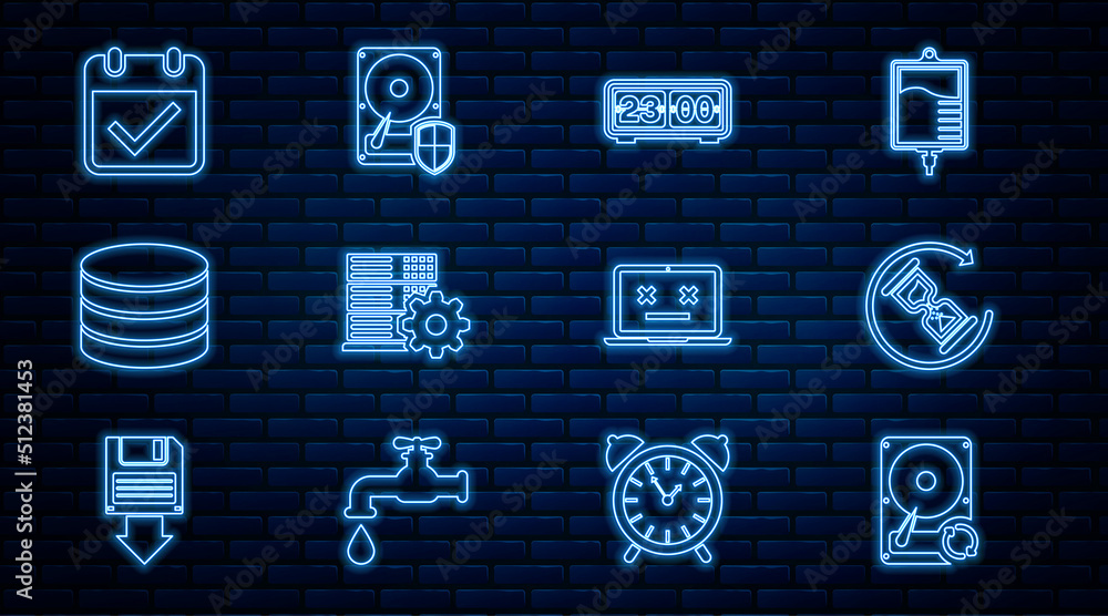 Poster set line hard disk drive hdd sync refresh, waiting, retro flip clock, server setting, database, cale
