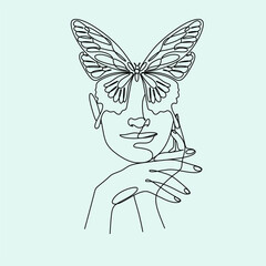 Female head with butterfly line art. Hand drawn vector linear illustration. Drawing in the style of one line. Butterfly Surreal Faces Continuous line, drawing of faces and hairstyles, fashion print