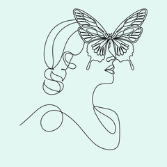 Female head with butterfly line art. Hand drawn vector linear illustration. Drawing in the style of one line. Butterfly Surreal Faces Continuous line, drawing of faces and hairstyles, fashion print