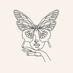 Female head with butterfly line art. Hand drawn vector linear illustration. Drawing in the style of one line. Butterfly Surreal Faces Continuous line, drawing of faces and hairstyles, fashion print