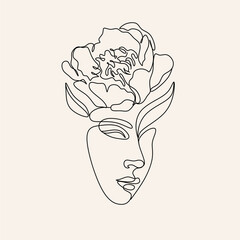 Flower Surreal Faces Continuous line, drawing of faces and hairstyles set, fashion concept, minimalist female beauty, vector illustration pretty sexy. Modern portrait. Illustration of an abstract face