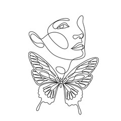 Woman Head with Butterfly Continuous Line Drawing Set. Female Nature One Line Abstract Portrait. Woman face Minimalist Contour Wall Art Design. Elegant logo for cosmetics or hair stylist brand