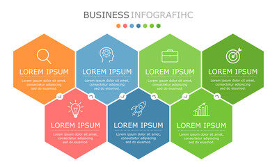 Business infographic Vector with 7 steps. Used for information,data,style,chart,graph,sign,icon, project,strategy,technology,learn,brainstorm,creative,growth,stairs,success, idea,text,web,report,work.